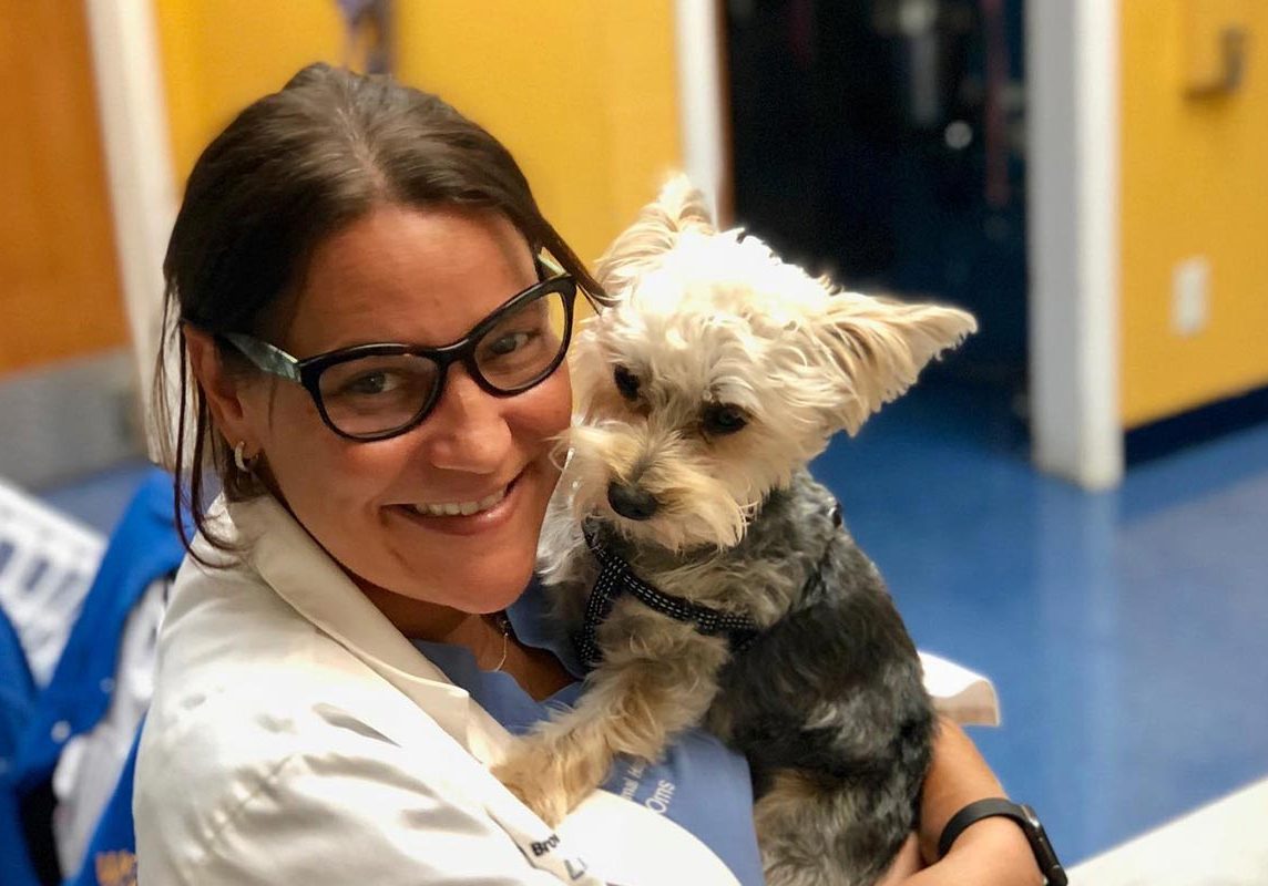 Doctor Smiling And Holding Terrier Dog